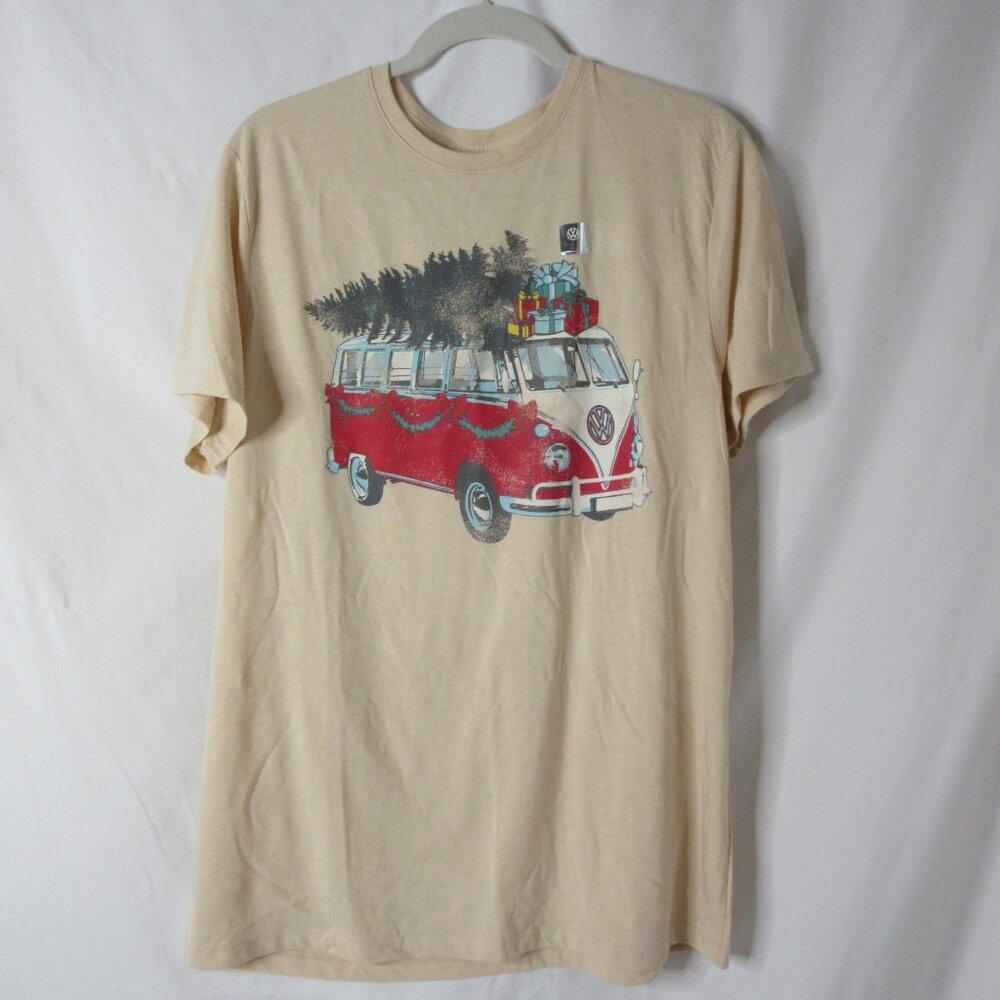 Goodfellow T Shirt Christmas Tree VW Van Print Beige Unisex Tee Size Large NWT